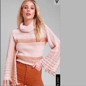 Pink Fringed Bell Sleeve Sweater